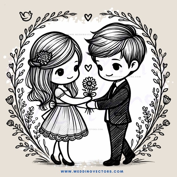 a couple holding hands and flowers, with an outline of leaves around them