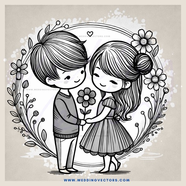 two people in love, flowers and leaves