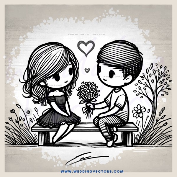cartoon picture of a girl and boy on bench