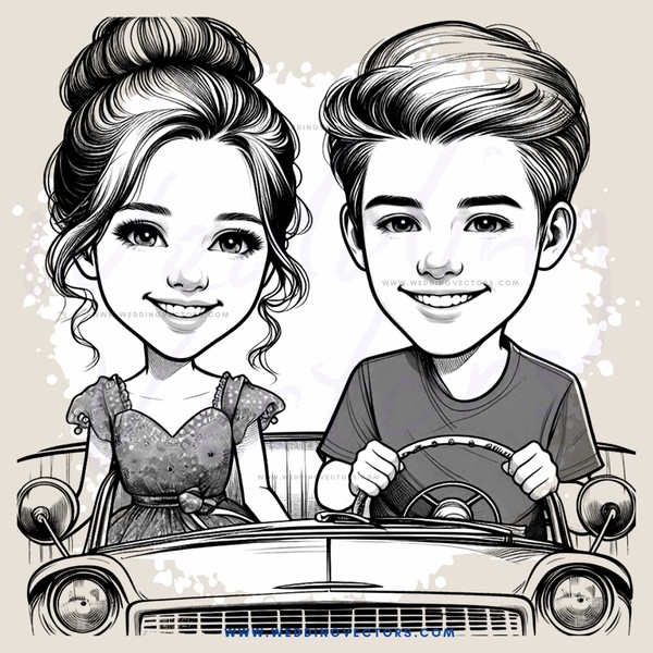 a boy and girl in a cartoon pose in front of a car