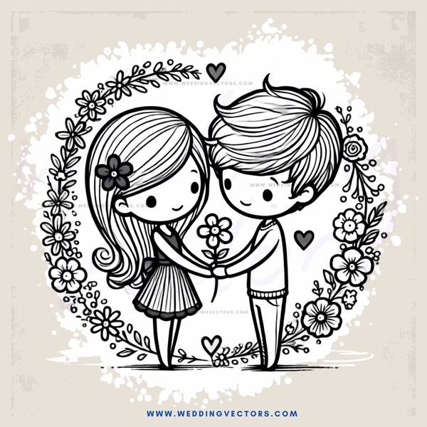 a couple embracing in an oval frame with flowers and heart symbols