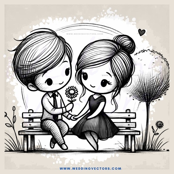 a boy and girl sitting on a bench with flowers