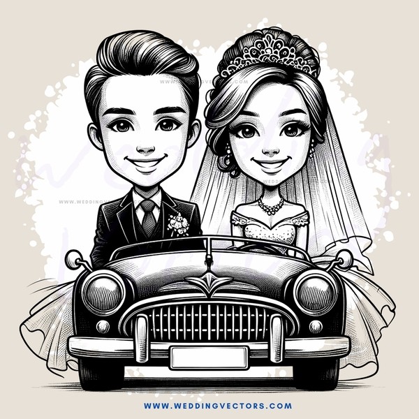 a black and white cartoon of a bride and groom in a vintage car