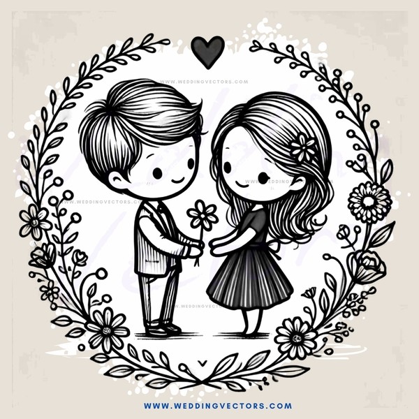 a boy and girl standing together with flowers
