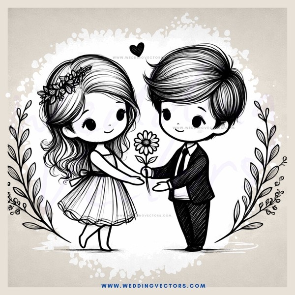a bride and groom exchanging flowers