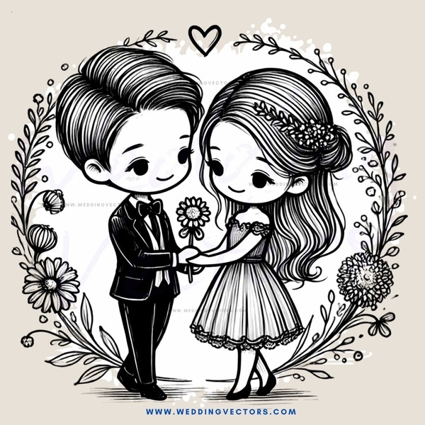 a couple standing with flowers and leaves in their hair