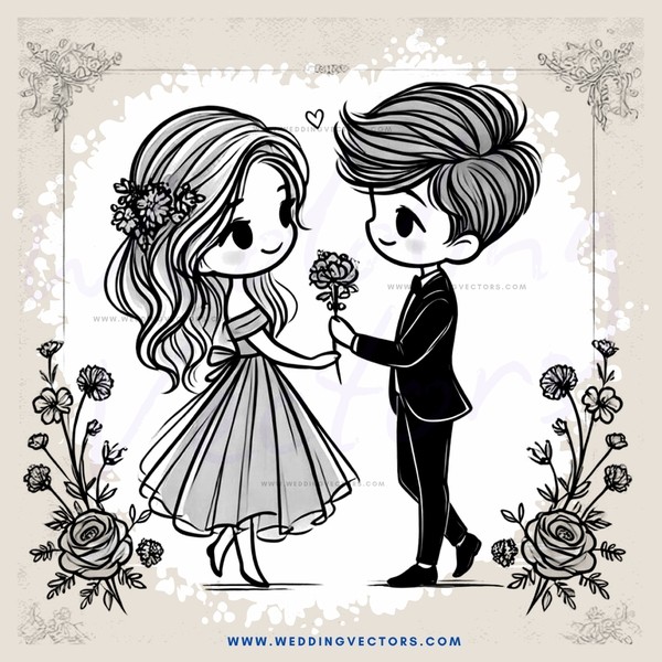 a boy and girl standing side by side with flowers in their hands