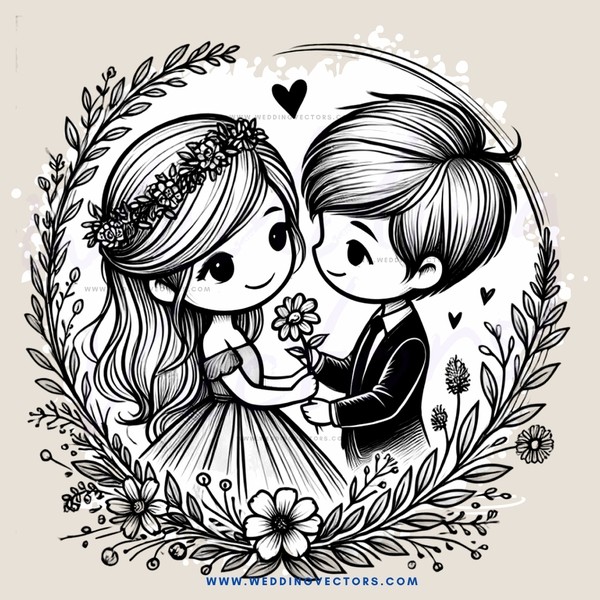 a couple holding flowers and surrounded by floral decorations