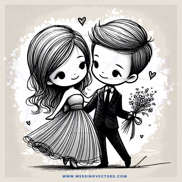 a couple's happy moment captured in a black and white illustration