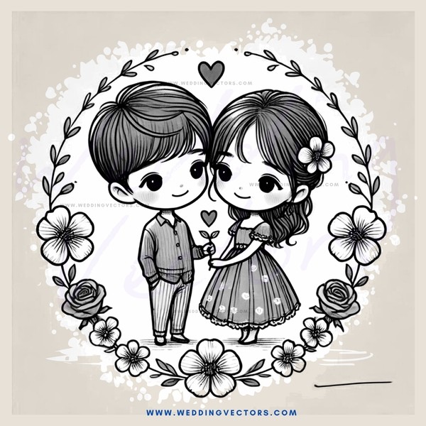 couple in heart shaped circle with flowers and leaves