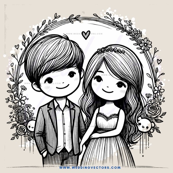 a couple's illustration with flowers and hearts