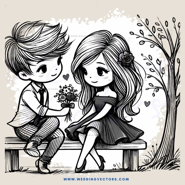 a boy and girl sitting on a bench holding flowers