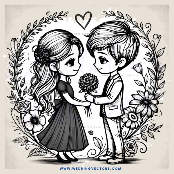 a young couple standing together with flowers