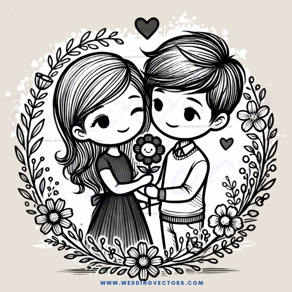 a couple holding flowers and hearts in a frame