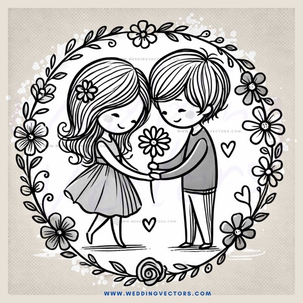 a boy and girl hugging with flowers on each side