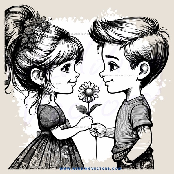 a young couple exchanging flowers