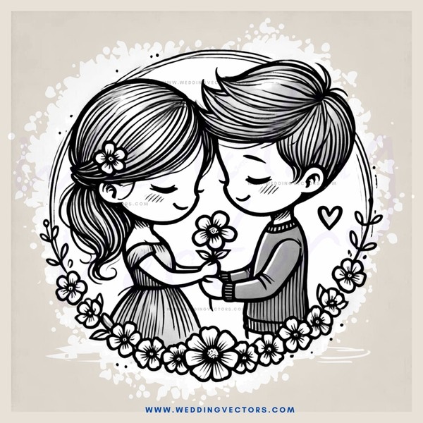 a boy and girl holding hands and flowers