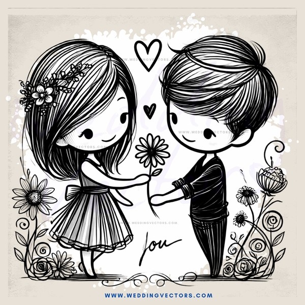 boy and girl holding flower, hearts, and other stuff