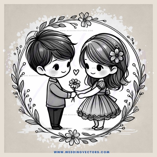 cartoon boy and girl holding flowers