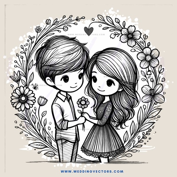 a boy and girl holding hands in front of flowers