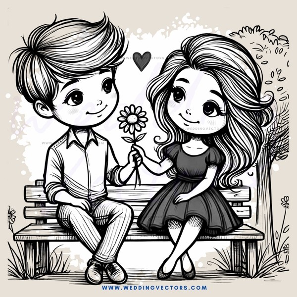 a boy and girl sitting on a bench with flowers