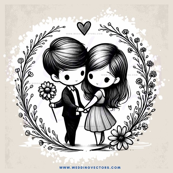 a couple standing in an outlined flower decoration