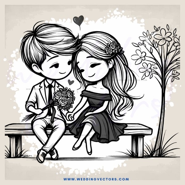 couple sitting on bench with flowers and tree