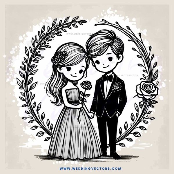 wedding cartoon - couple standing in flower decoration