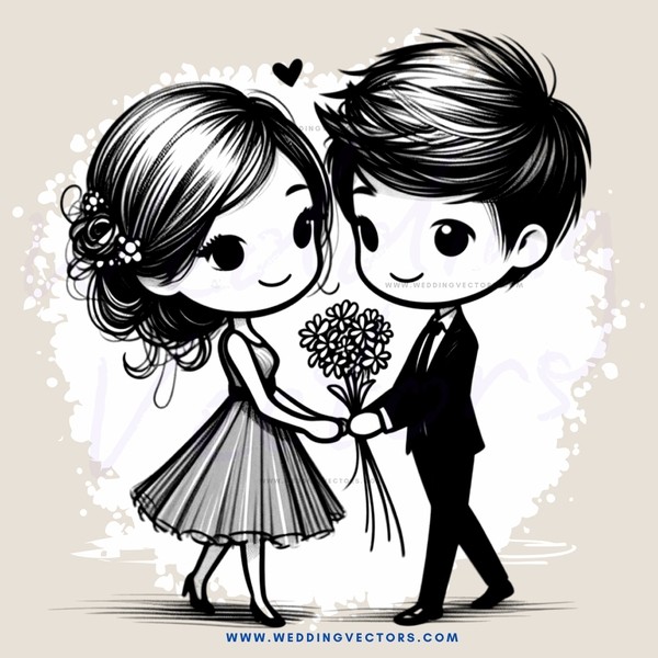 wedding couple in black and white illustration
