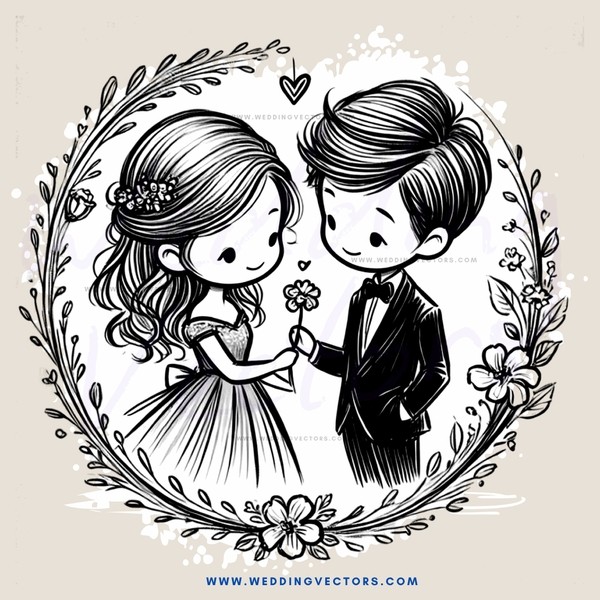 a couple's wedding day, drawn in black and white