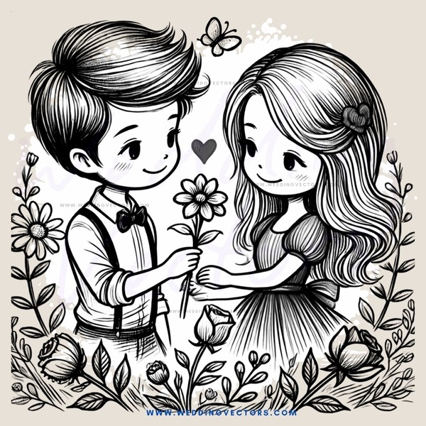 a boy and girl holding flowers