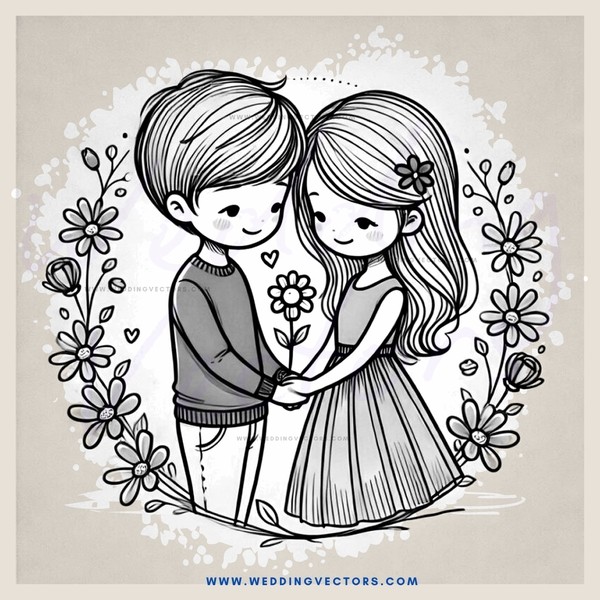 a boy and girl holding hands with flowers