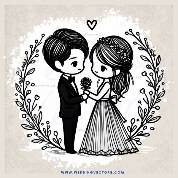 a bride and groom in their wedding attire