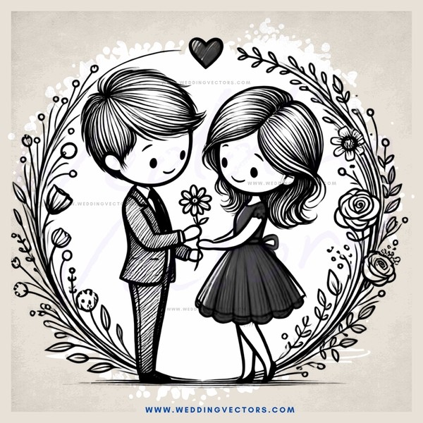 a man and woman holding hands surrounded by flowers