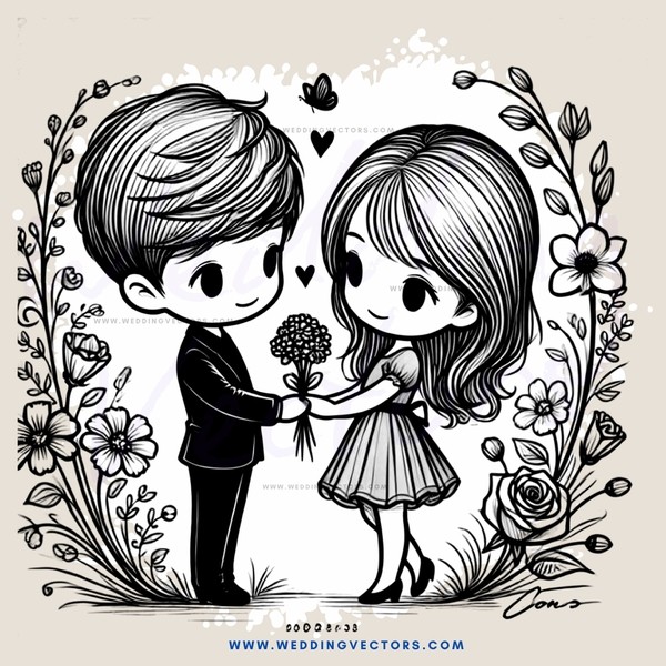 a boy and girl hugging with flowers on their sides