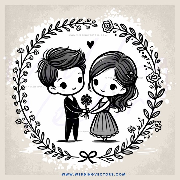 a cartoon drawing of two people embracing with leaves surrounding them