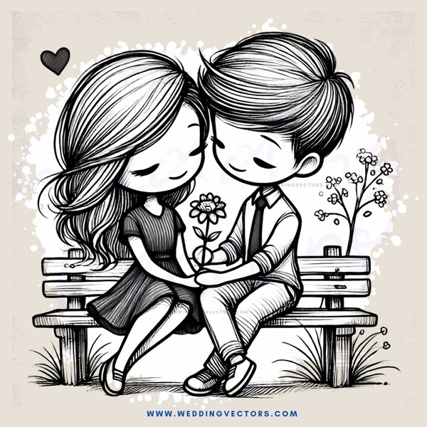 lovers on bench with flower in hand