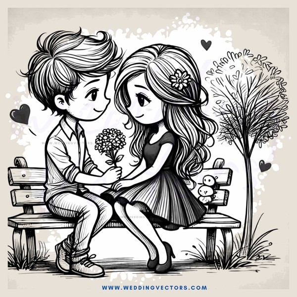 couple sitting on a bench with flowers, holding hands and smiling