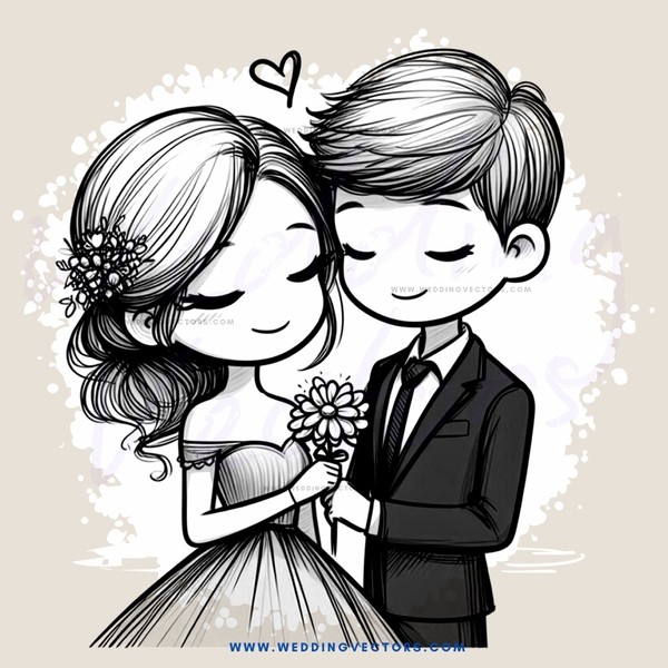 a couple holding flowers and an arrow pointing at them