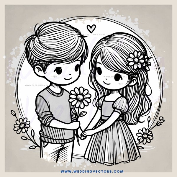 a boy and girl holding flowers and posing together