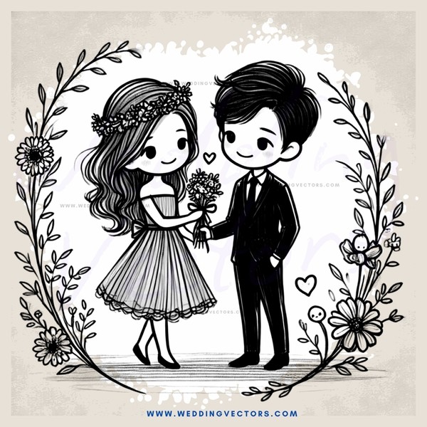 a couple holding flowers and hearts