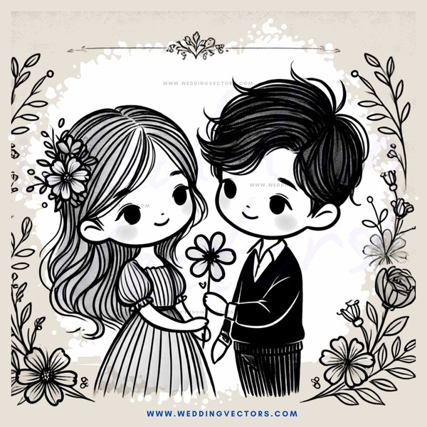 romantic couple portrait with flowers and butterflies