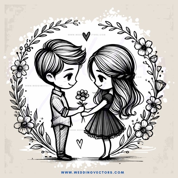 a couple with flowers and hearts