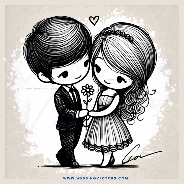 a couple in black and white illustration