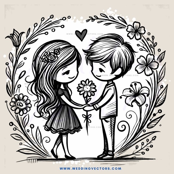 boy and girl embracing with flowers