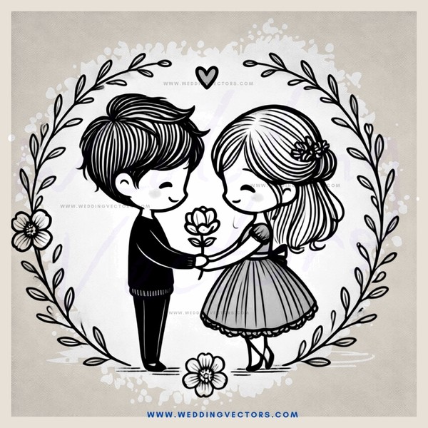 a boy and girl holding flowers in front of a wreath