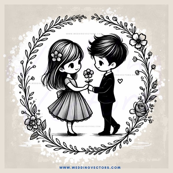 a boy and girl holding flowers in a circle