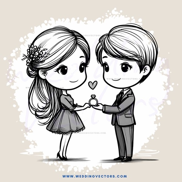 lovebirds standing together with hearts and rings