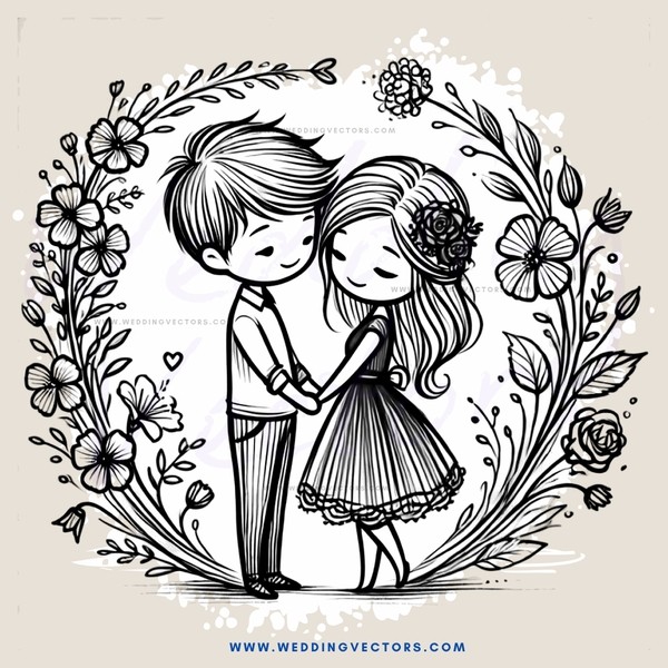 a boy and girl holding hands in an illustrated picture