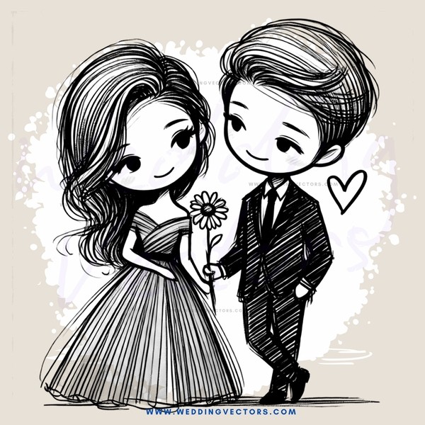 a couple standing together with a flower